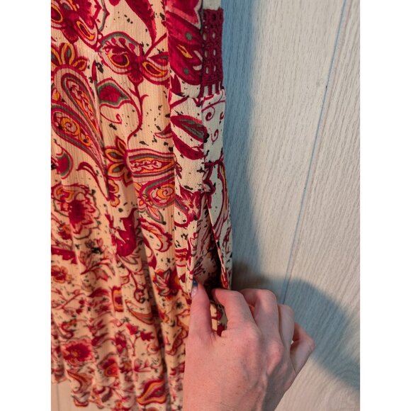 Torrid Mini Gauze Lace-Up Skater Dress Size 00 Red Paisley Crochet Pockets - Picture 9 of 11